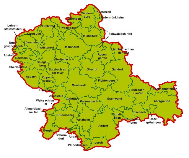 Karte der Gemeinden des Schwäbisch Fränkischen Waldes 